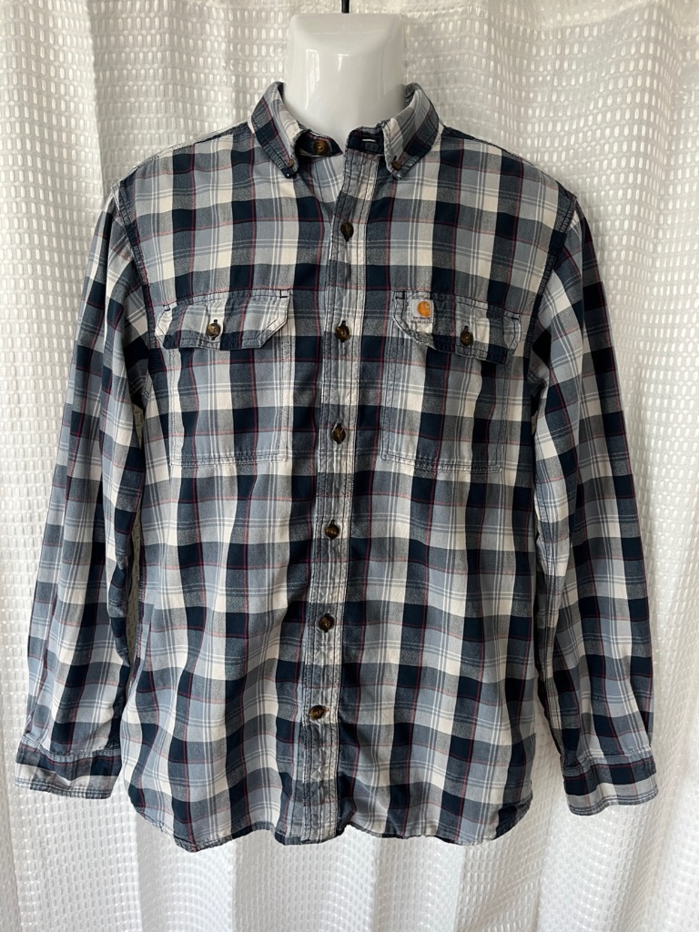 Carhartt Plaid Shirt M Relaxed Fit Blue Gray Cotton Distressed Workwear Classic - Picture 2 of 9